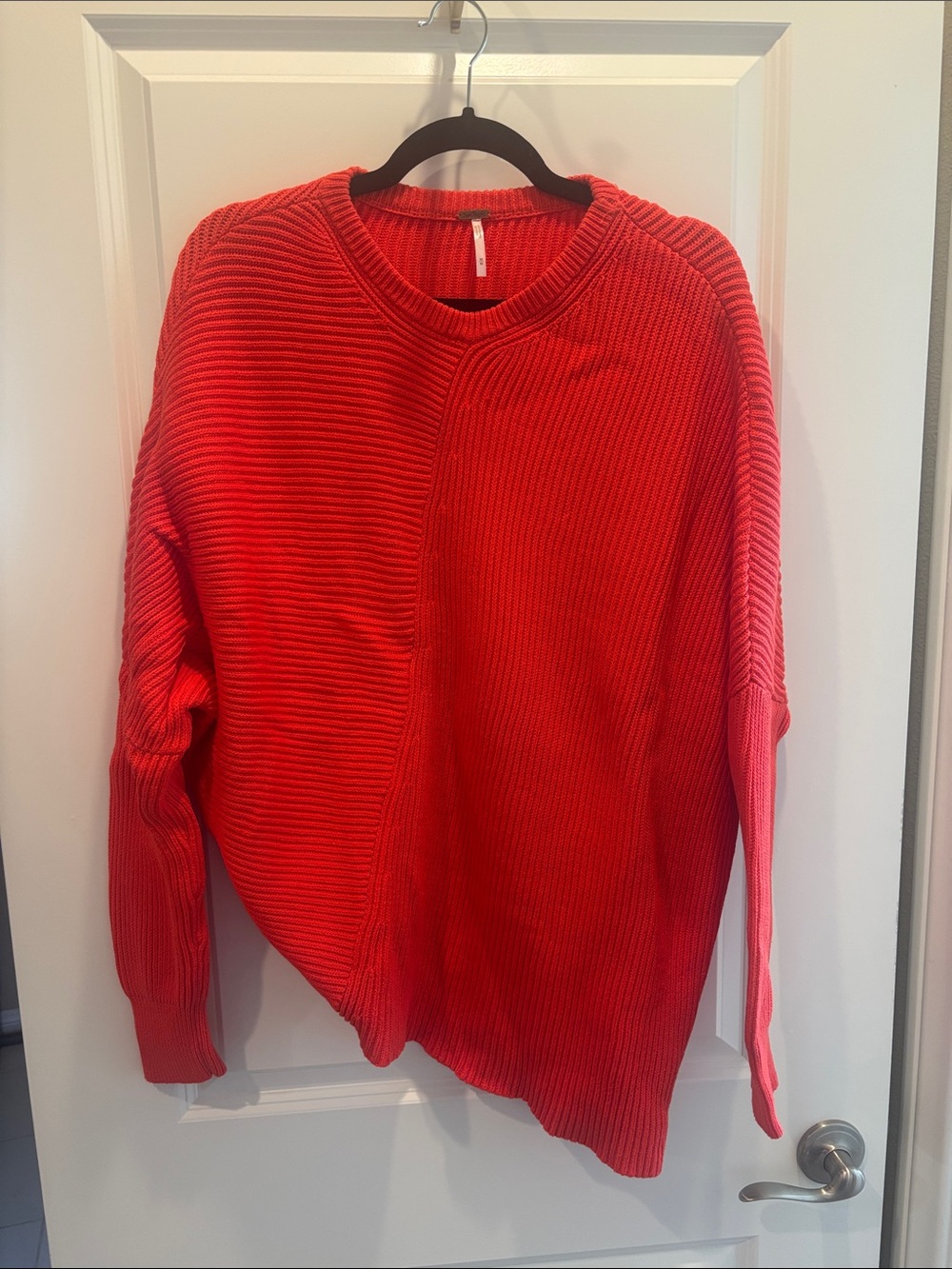 Free People Red Ribbed Crewneck Sweater w/ Asymmetrical Hem